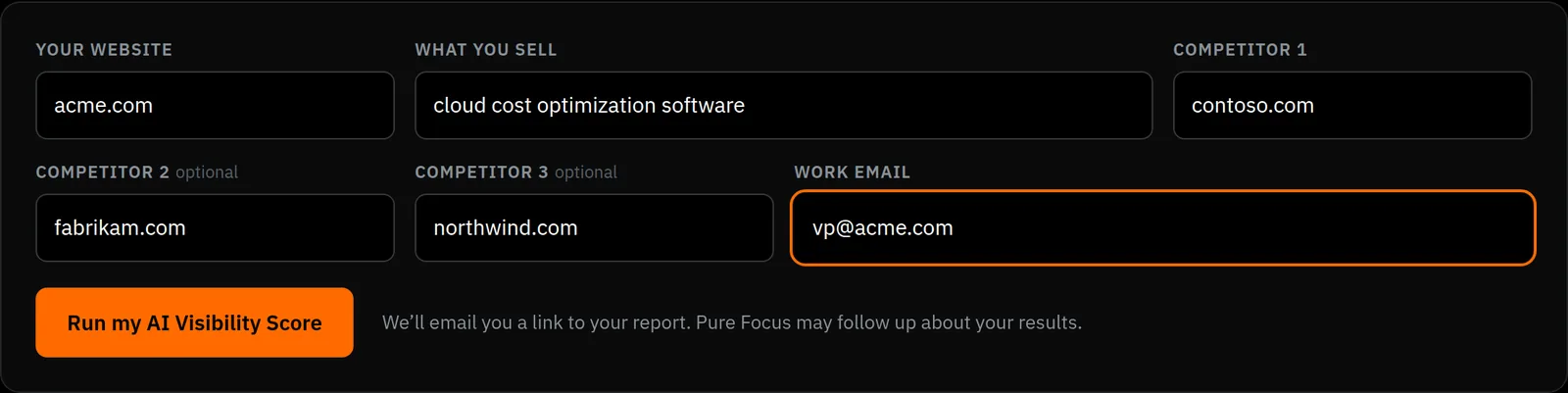 The scan form with fields for your website, what you sell, up to three competitors, and a work email.